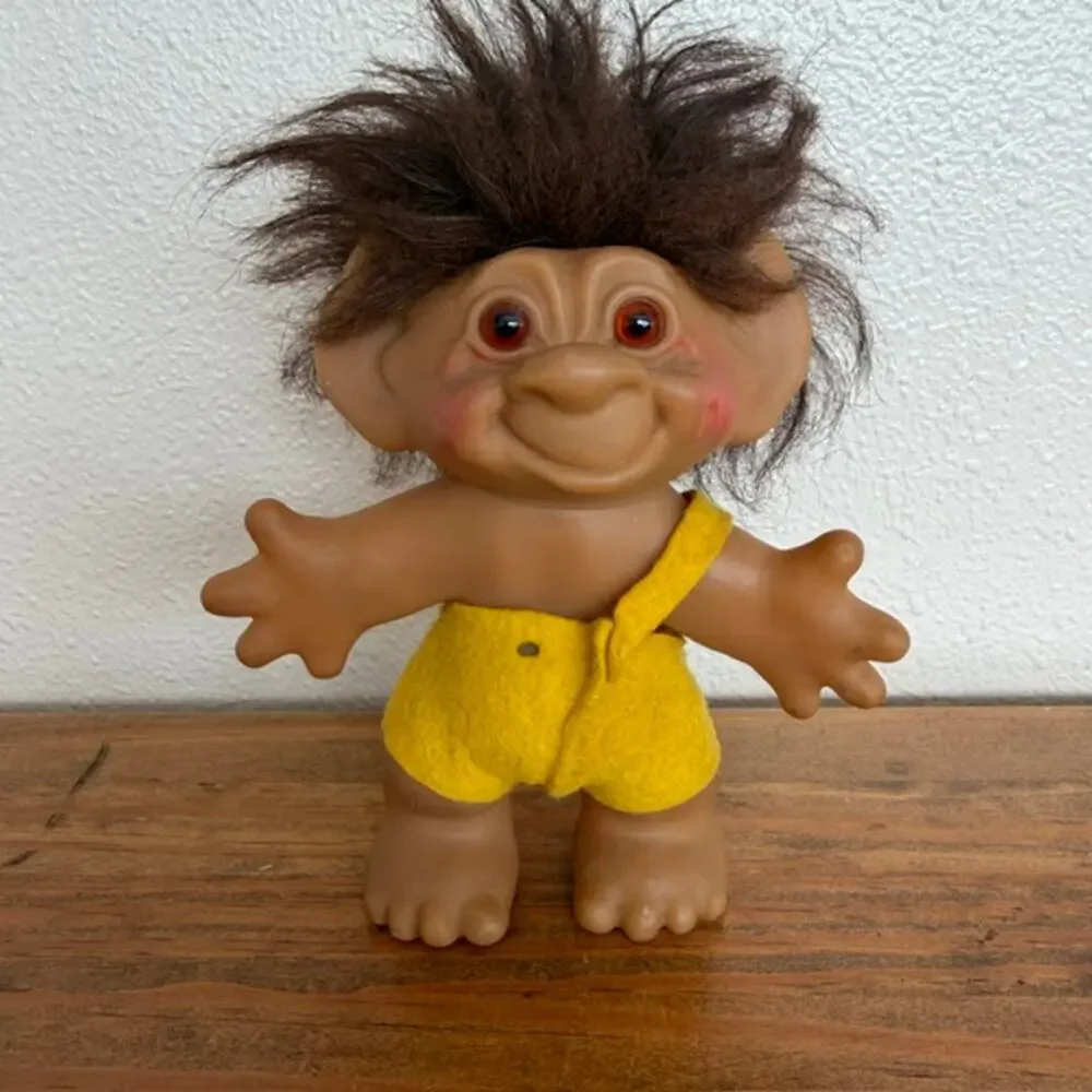 Vintage Thomas Dam Troll Doll Yellow Felt Pants Brown Hair - 6
